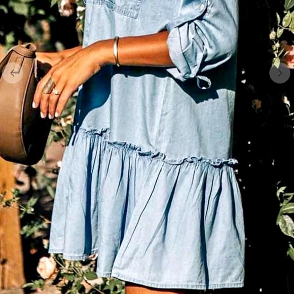 M Light Blue Mazik Button Down Distressed Denim Shirt Dress/Tunic 100% Cotton - Picture 4 of 16